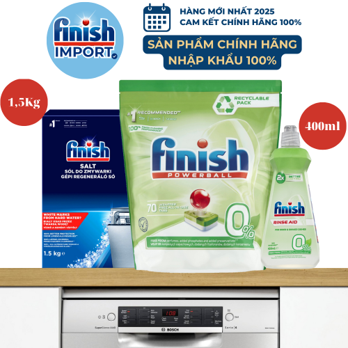 Combo 3 món Ecolabel: 70 viên Finish All in 1 Max + 400ml Finish Ecolabel (0% EU) + 1,5kg muối Finish làm mềm nước